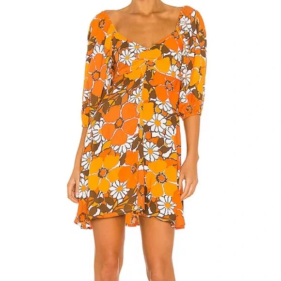 Faithfull The Brand Martine Mini Dress in Orange Isola Floral Boho Retro Size 6 - Picture 7 of 15